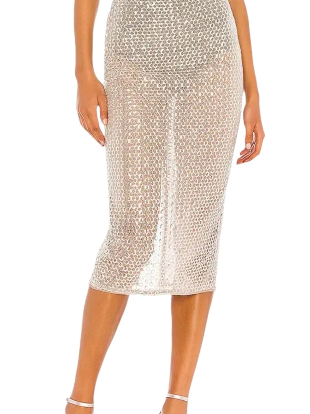 Camila Coelho Beatriz Silver Sequin Midi Pencil Skirt